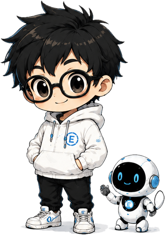 Eeek, the EEEKS Solutions mascot, standing with his robot companion